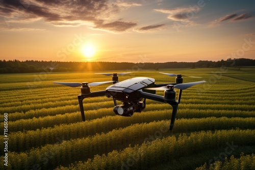 Industrial drone flies over an agrarian field at sunset. Concept of smart farm, technology and future.
