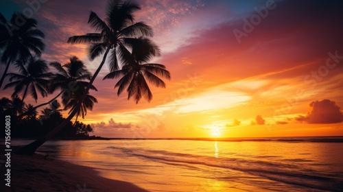 palm tree on the beach during sunset pink sky of beautiful a tropical beach. Neural network AI generated art
