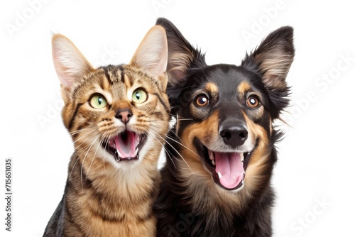 Joyful Dog And Cat Together  Standing On A Clear Background Standard.   oncept Pet Portraits  Harmony Between Species  Adorable Duo  Whiskers And Paws  Unbreakable Friendship
