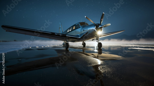 A Beechcraft Baron G 58 poised on a glistening icy runway, its sleek frame reflecting the cold light  photo