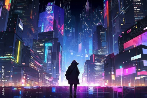 Solitary Figure Navigating A Futuristic Cyberpunk Metropolis Adorned With Glowing Skyscrapers. Сoncept Cyberpunk Metropolis, Futuristic Cityscape, Glowing Skyscrapers, Solitary Figure