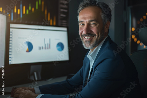 Older Male Investor with Screens Displaying Financial Data