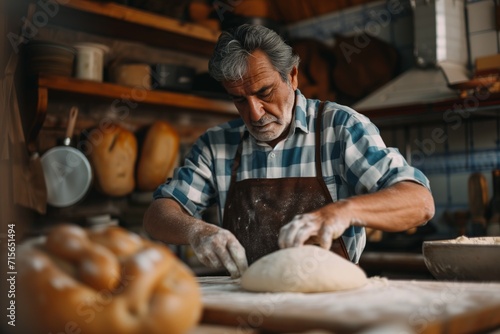 Man Prepares Dough, His Focused Expression Showing Dedication And Culinary Passion Standard. Сoncept Cooking Passion, Dough Preparation, Culinary Dedication, Focused Expression, Culinary Passion