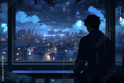 Man In Anime Style Gazes Out Of Window At Nocturnal Cityscape. Сoncept Anime-Inspired Cityscape, Nocturnal Photography, Window Silhouette, Gazing Out, Urban Atmosphere