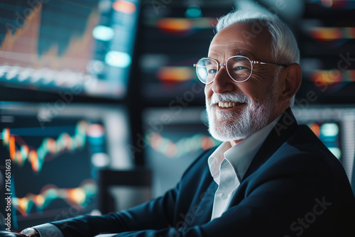 Older Male Investor with Screens Displaying Financial Data