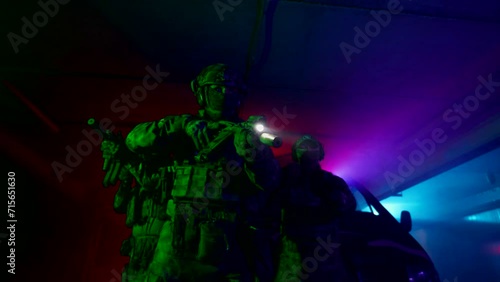 SWAT team preparing to anti-terrorist operation, portrait of men in military uniform with weapons