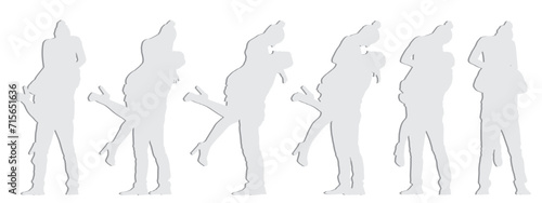 Vector concept conceptual gray paper cut silhouette of a couple embracing from different perspectives isolated on white background. A metaphor for love, happiness, relationship, marriage and lifestyle