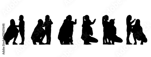 Vector concept conceptual black silhouette of a mother talking with her daughter from different perspectives isolated on white. A metaphor for parenting, motherhood, childhood, family and love