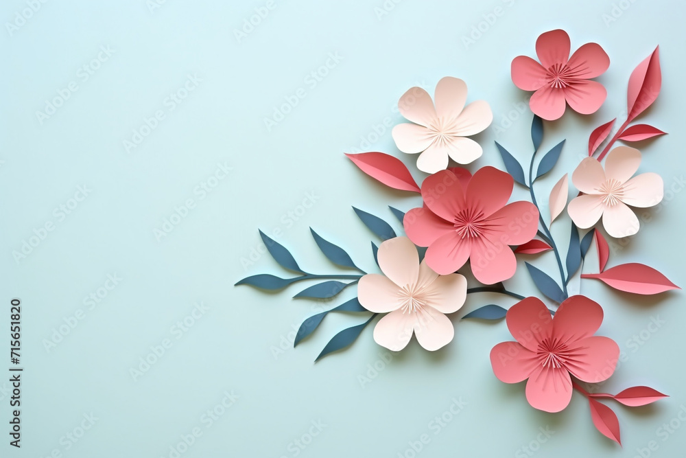 Fototapeta premium Paper cut flowers and leaves, Fresh spring nature background. Floral banner, poster, flyer template with copy space.