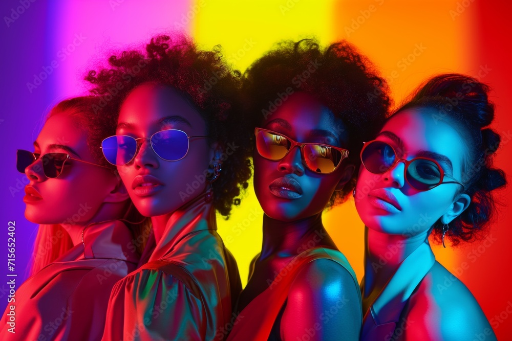 Seven Models Showcase Vibrant Diversity Against A Neon Backdrop In Stunning Collage Standard. Сoncept Abstract Art, Cultural Fusion, Fashion Forward, Energetic Expressions, Dazzling Visuals