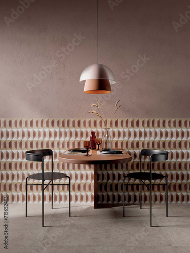 Bild auf Leinwand Pleasing dining area with floor and wall decor made of grey marble