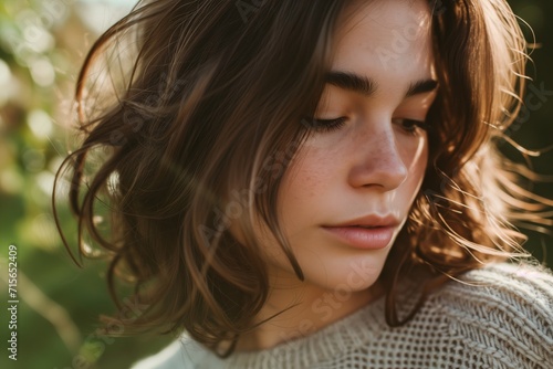 Serene Woman With Brown Hair, Focusing On Selfcare And Mental Wellbeing. Сoncept Nature Walks And Meditation, Self-Care Routines And Tips, Mental Health Awareness