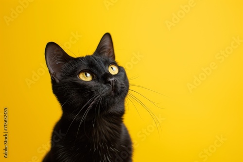 Sleek Black Cat Poses Confidently Against Vibrant Yellow Backdrop. Сoncept Dramatic Lighting, Candid Moments, Natural Landscapes, Urban Street Photography, Adventurous Travel Shots © Ян Заболотний