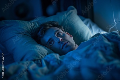 Sleepless Man In Bed Plagued By Insomnia  Feeling Down And Restless Standard.   oncept Sleeplessness  Insomnia  Feeling Down  Restlessness