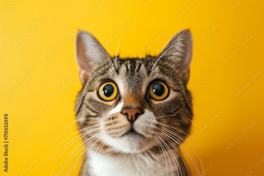 Startled Cat With Wide Eyes In Closeup, Against Vibrant Yellow Background. Сoncept Surprise Expression, Startled Cat, Wide Eyes, Closeup, Vibrant Yellow Background