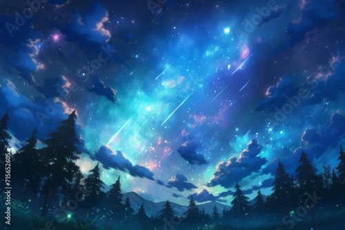 Starry Night With Animestyle Clouds Enhancing The Beauty Of Nature.   oncept Cosmic Landscapes  Dreamy Nightscapes  Anime-Inspired Skies  Nature s Celestial Beauty  Heavenly Clouds
