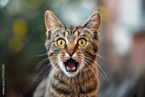 Captivating Image Of A Surprised Cat, Mouth Agape And Eyes Piercing Into The Camera. Сoncept Surprise Kitty, Feline Expression, Intense Cat Eyes, Startled Pet © Ян Заболотний