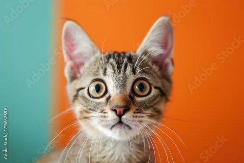 Startled Feline Displays Wideeyed Astonishment Against Vibrant Backdrop In Closeup Standard. Сoncept Cat's Curiosity, Stunning Close-Up, Vibrant Background, Wide-Eyed Amazement