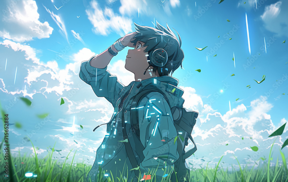Stylish Anime Boy Gazes Up At The Sky In A Vast Field, Embracing Technology. Сoncept Vibrant Cityscape At Night, Serene Beach Sunrise, Enchanting Forest Trail, Majestic Mountain Peaks