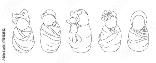 Hand drawn newborn baby line art vector. Cute baby vector