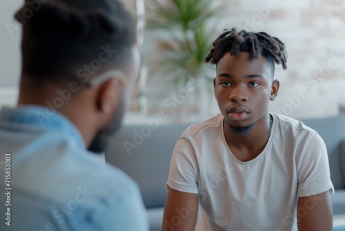 Supportive Psychotherapy Session For Troubled Black Teenager With Empathetic Counselor Standard. Сoncept Mental Health Awareness, Adolescent Empowerment, Cultural Sensitivity, Therapeutic Techniques photo