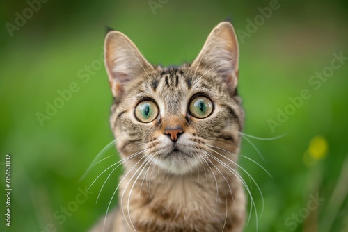 Surprised Cat With Big Eyes, Adorably Funny, Against A Green Backdrop. Сoncept Cute Animal Videos, Diy Projects, Beautiful Sunsets