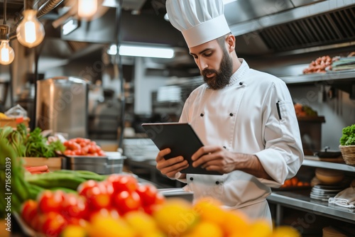 Technologically Savvy Chef Uses Tablet To Order Groceries For Restaurant Kitchen Standard. Сoncept Smart Home Automation, Virtual Reality Gaming, Ai-Powered Chatbots, Electric Car Charging Stations