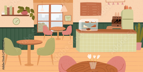 Pizzeria or family cafe with desserts, interior background. Empty cafeteria with cashier desk, wooden tables and chairs in modern style, cartoon vector illustration of bar with counter