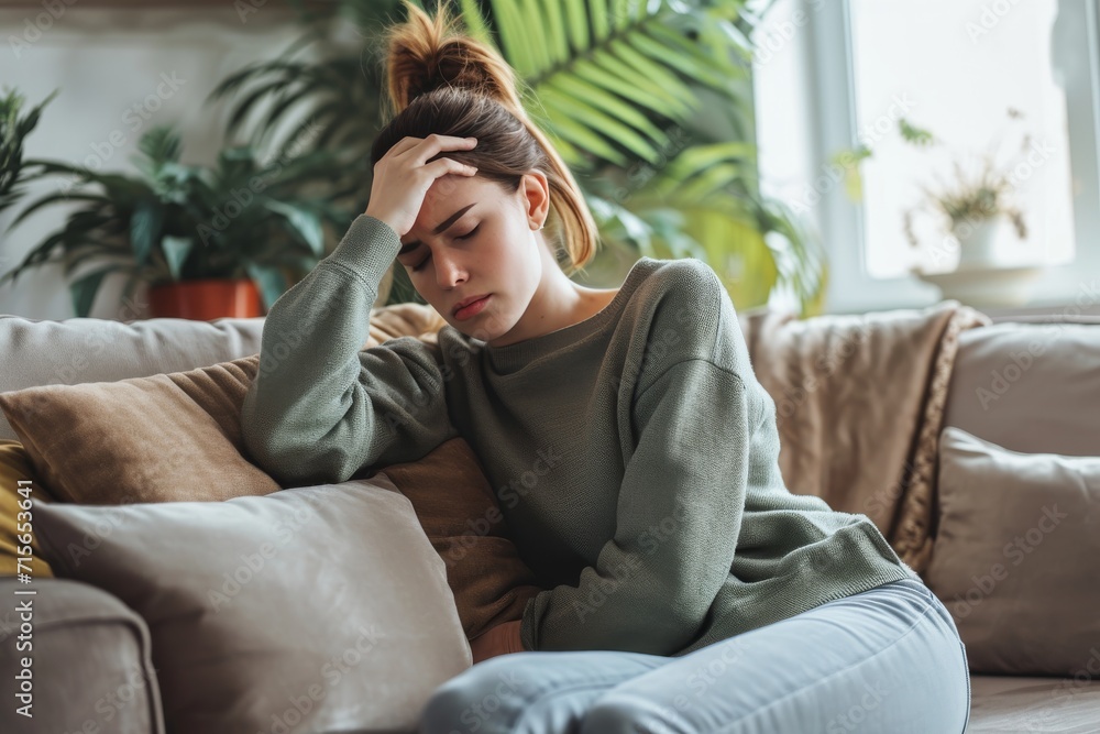 Woman Experiencing Physical Discomfort And Stress On A Sofa Due To Health Issues Standard. Сoncept Managing Chronic Pain, Coping With Health Issues, Exploring Relaxation Techniques