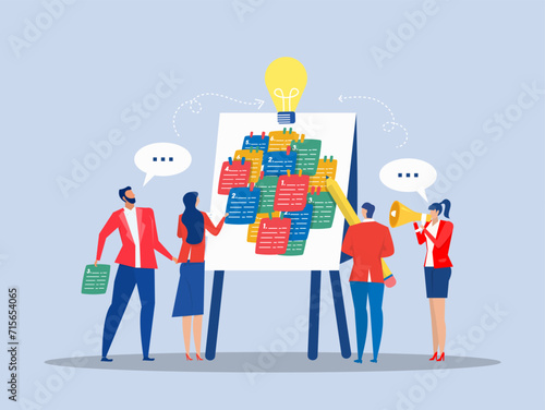 Brainstorm new idea,team Business people workshop meeting room with whiteboard and sticky notes , training course class workshop  strategy for business success flat vector illustrator