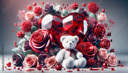 Cœur Rouge, Roses et Ourson en Peluche, idéal pour Saint Valentin, amour , mariage, carte d'invitation photo