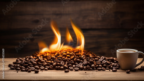 Flame with Coffee Beans on Old wood background photo