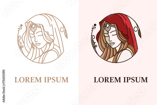 beauty and fashion logo design template, with beautiful indian woman wearing saree dress illustration	