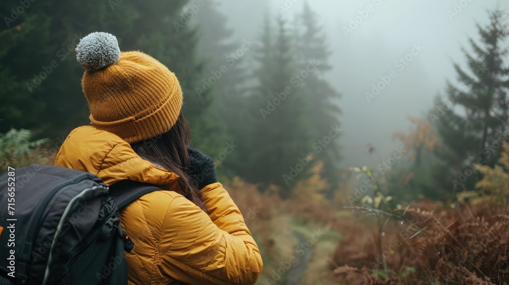 Autumn . Woman puts on knitted hat during hike in mountains forest in cold foggy weather Autumn . Woman puts on knitted hat during hike in mountains forest in cold foggy weather
