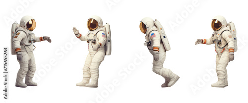 Astronauts in spacesuits set in different poses isolated on transparent and white background