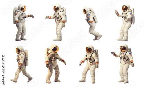 Astronauts in spacesuits set in different poses isolated on transparent and white background