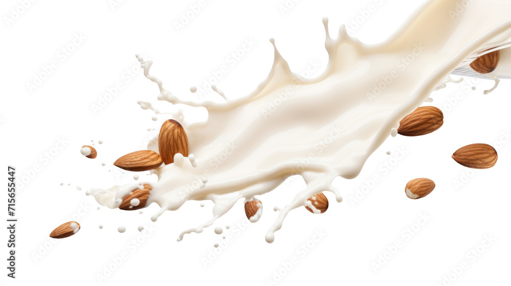 Almond nuts falling into almond milk splash isolated on transparent and white background