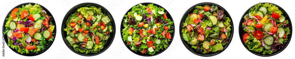 Assorted fresh garden salads in black bowls isolated on transparent, healthy vegan meal concept