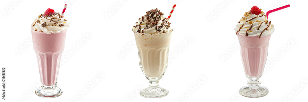 Trio of whipped cream-topped milkshakes in tall glasses, garnished with chocolate shavings and a cherry, isolated on transparent background Trio of whipped cream-topped milkshakes in tall glasses, garnished with chocolate shavings and a cherry, isolated on transparent background