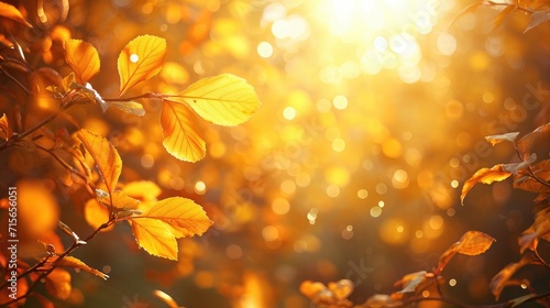 Beautiful blurred autumn background with yellow-gold leaves in the rays of sunlight on a dark natural background. © buraratn