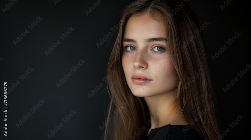 Fototapeta premium A beautiful young female model on a dark background with perfect skin, portrait of a girl of model appearance with straight hair
