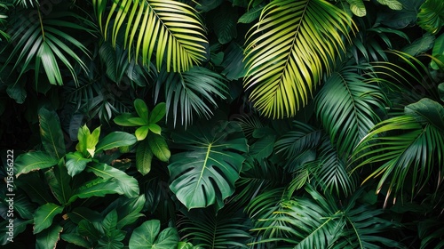 beautiful green jungle of lush palm leaves  palm trees in an exotic tropical forest  wild tropical plants nature concept for panorama wallpaper