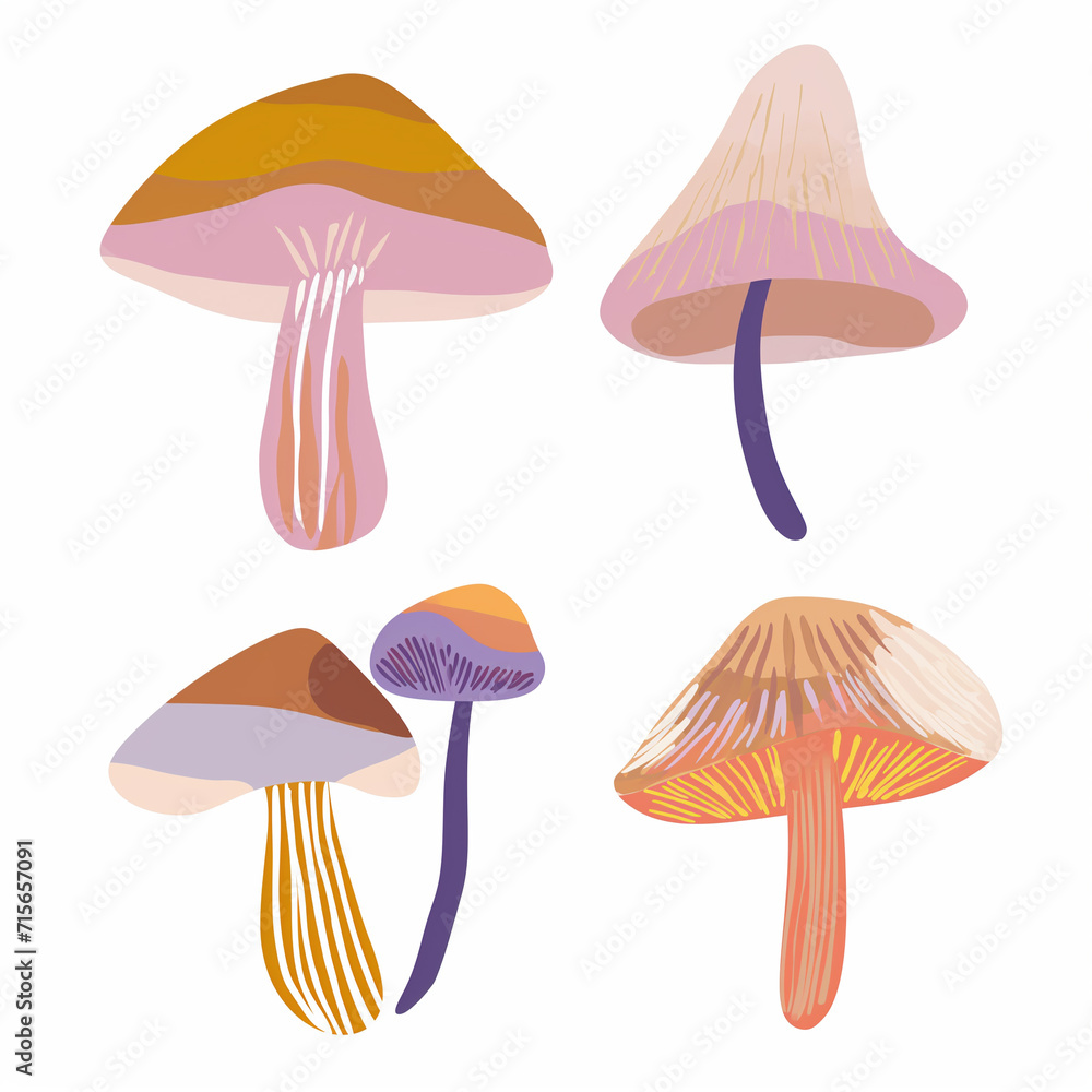 Clipart de cogumelos nas cores bege, roxo e rosa isolado no fundo branco