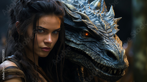 Pretty woman with black hair and a small wild dragon with fiery eyes © Foto-Jagla.de