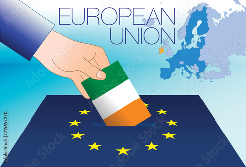 European Union, voting box, European parliament elections, Ireland flag and map, vector illustration