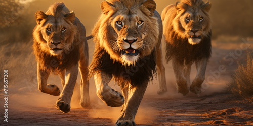The lions running wild in front of a natural background,Powerful Lions in their Natural Habitat,Majestic Lions Roaming Free in the Wilderness © Umair