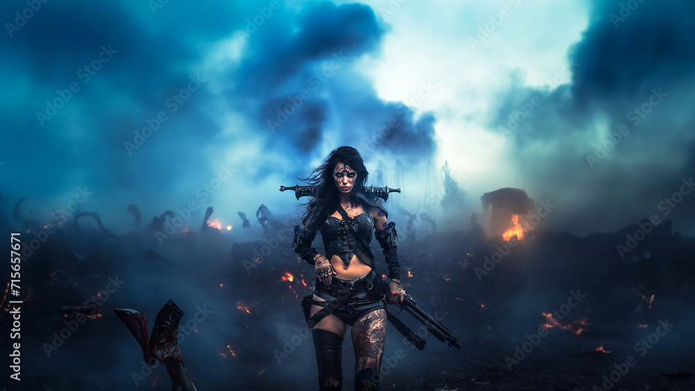 Black-haired barbarian in a steampunk outfit and tattoos walks heavily armed across a burning, smoky battlefield of a lost world.