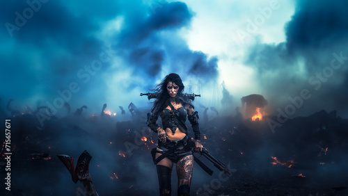 Black-haired barbarian in a steampunk outfit and tattoos walks heavily armed across a burning  smoky battlefield of a lost world.