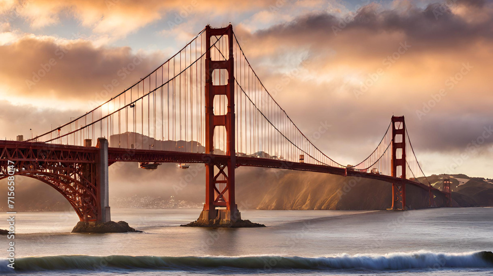 Majestic Golden Gate Bridge Panorama at Sunset with Dramatic Cloudy Sky in San Francisco, California