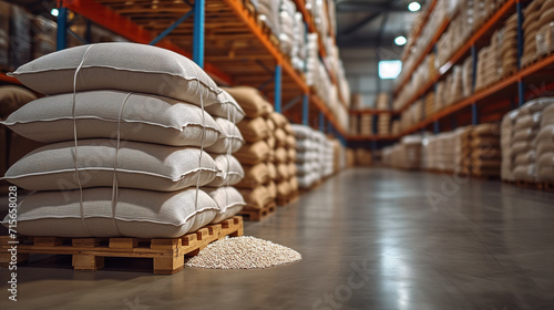 Warehouse with bags of corn in distribution center bag corn storage facility